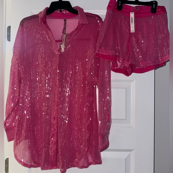 Victoria Secret Sequin Cover Up Swim Outfit Small Top Short Pink Fuchsia Set - Picture 1 of 6